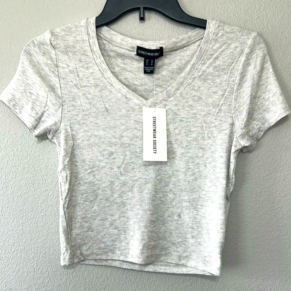 StreetwearSociety Women's Solid Color‎ V-Neck Short Sleeve Slim Rib Knit T-Shirt